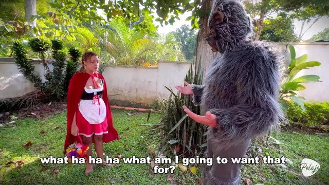 Little Red Riding Hood lost a fruit from her basket and is looking for it in the wolf’s pants.